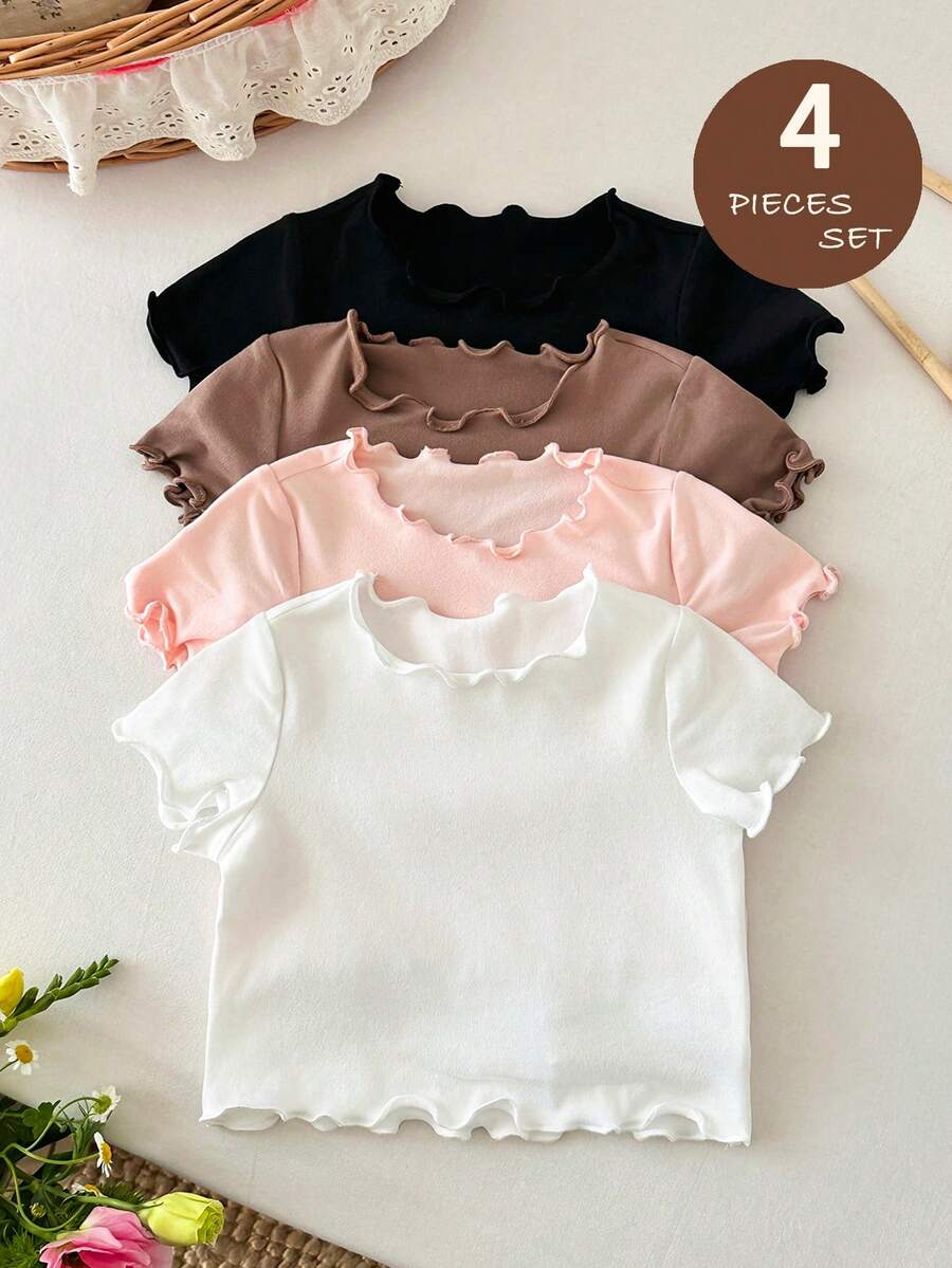 SHEIN LMoss Kids 4件組女嬰純色針織荷葉邊上衣套裝,嬰兒上衣,女嬰上衣,女嬰 - 彩色 - 查看 1
