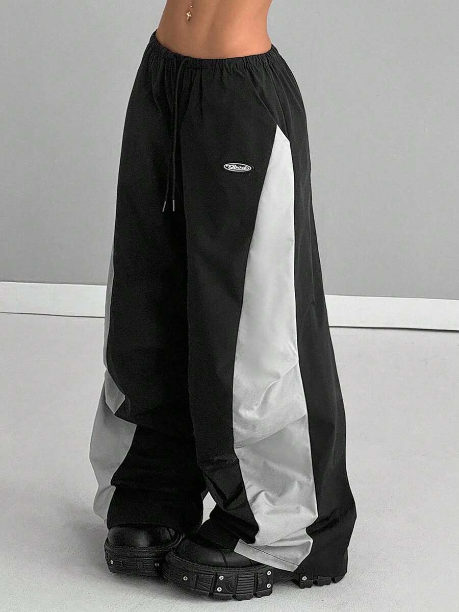 Coolane Women's Spring And Summer Concert Streetwear Going Out Color-Blocked Parachute Pants - Black - View 1