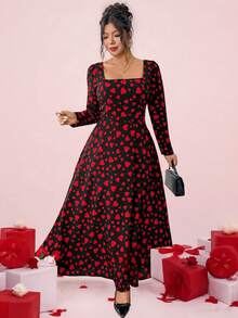 Elenzga Damen Große Größen elegantes Herz-Muster V-Ausschnitt Langarm Schleife Binden Maxikleid, geeignet für Valentinstag Date