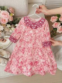 SHEIN 1 Piece Baby Girl Cute Versatile Casual Floral Pattern Holiday Petal Collar Front Diamond Bow Light Purple Loose Dress Robe, Comfortable Casual Versatile Fashion Everyday, Suitable For Birthday Parties, Evening Parties, Performances, Weddings, Baptisms, Opening Ceremonies Indoors, Outdoors, Daily, Sports, Play, Parties, Photos, Vacations, Festivals Suitable For Spring, Autumn And Winter - Yellow - View 2