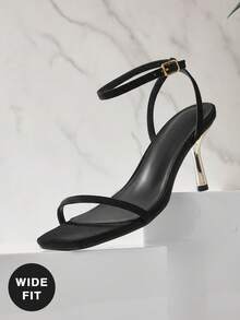 SHUZIA Women's Wide-Fit Fashionable Ankle Strap Buckle Square Toe Faux Suede Heeled Sandals - Black - View 6