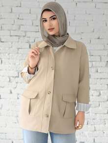 Livesso Loose Fit Color Block Lapel Collar Pockets Casual Long Sleeve Ladies Jacket,Fall Women Clothes Women Coats - Khaki - View 5