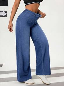 Flexra Quần jeans ống đứng cạp cao giặt thường ngày cho nữ - Màu xanh lam - Xem 3
