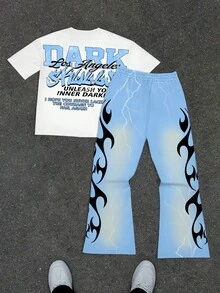 Manfinity EMRG 2 件男士肖像和字母图案休闲圆领短袖 T 恤和喇叭裤套装，夏季街头风格 T 恤和喇叭裤套装男士 Y2k 服装男士 2 件裤套装 - 彩色 - 查看 2