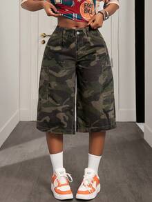 Slaydiva Women's Casual Camouflage Denim Capri Pants - Army Green - View 5