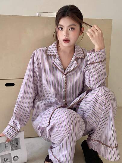 Dazy Plus 2pcs Plus Size Women Loose Long Sleeve Top And Long Pants Pajama Set, Spring/Autumn