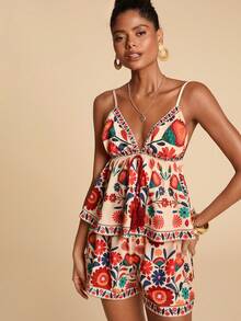 Travachic 女士印花系带流苏吊带背心和短裤两件套，春夏度假装，沙滩装，夏季装，休闲装，女士休闲套装 - 彩色 - 查看 7