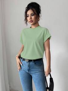 Elenzga 女士黑色圆领短袖T恤，饰有泡泡珍珠 - 薄荷綠 - 查看 6