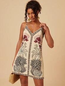 Travachic V-Neck Spaghetti Strap Loose Retro Print Vacation Dress,Tropical Parrot Pattern,Suitable For Summer Outfits,Summer Dresses Women,Beach Casual - Multicolor - View 6