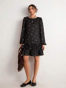 Freevana Women's Elegant Floral Print Long Sleeve Mini Dress - Black - View 6