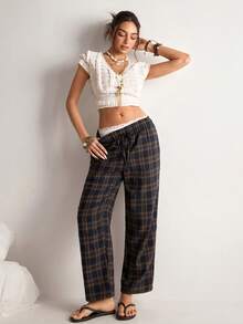 Freevana 复古藏蓝色和棕色格子七分裤，高腰抽绳宽松锥形裤腿休闲修身格纹长裤，适合工作和日常穿着。 - 藏蓝色 - 查看 7