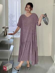 Dazy Plus Purple V-Neck Short Sleeve Loose Casual Long Dress, Spring/Summer - Purple - View 7