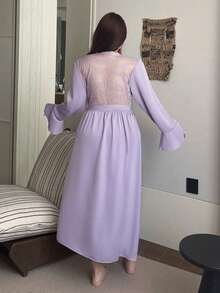Dazy Plus Elegant Contrast Lace Sexy Waist Cinched Long Sleeve Maxi Plus Size Women Nightgown, Spring/Summer Pajamas - Purple - View 2