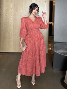 Dazy Plus 大码女士优雅V领提花镂空纹理灯笼袖修身长款派对连衣裙，粉色吊带裙 - 藕粉色 - 查看 5