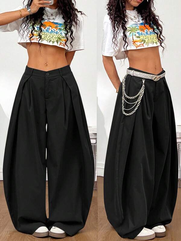 Coolane Plus Size Casual Solid Color Curved Leg Pants