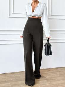 EURMUSE 大码女式休闲纯色高腰直筒裤 - 黑色 - 查看 5