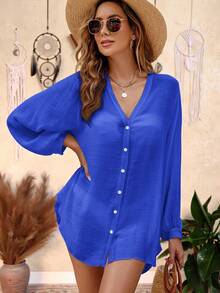 Swim Lushoire Navy Blue Summer Beach Resort Long Sleeve Open Front Women Kimono Cover Up - Royal Blue - View 8