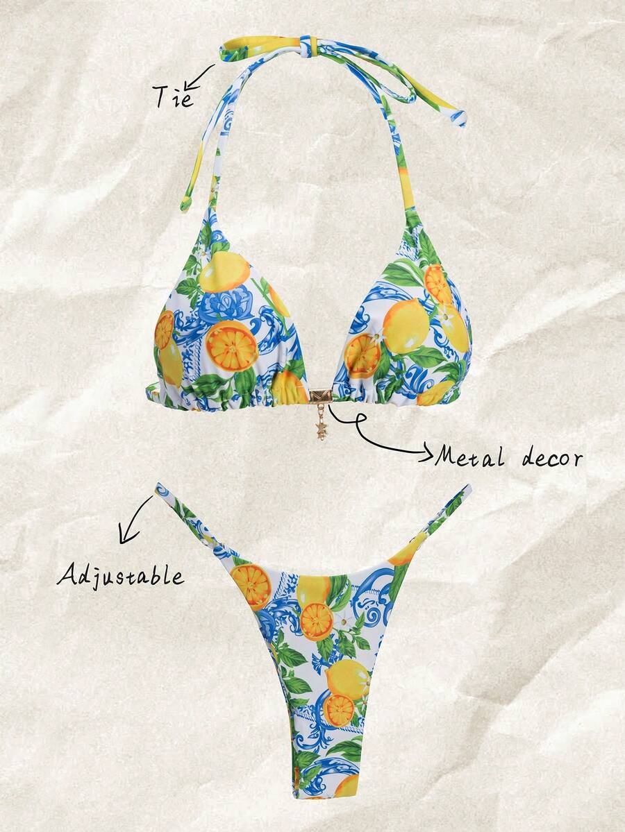 Elavelle Springbreak Women's Random Print Spaghetti Strap Sexy Bikini Sets, Summer Beachwear Outfits - Multicolor - View 1