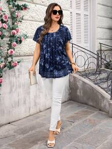 Miaspire Plus Size Women Summer Short Sleeve Floral Print Tunic Blouse, Summer Holiday,Vacation,Simple And Fashionable For Everyday Wear - Blue - View 4