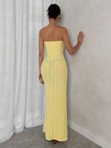 SHEIN Glamour Yellow Elegant Women's Knit Dress, Strapless Hollow-Out, Spring/Summer - Yellow - View 2