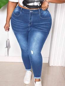 SHEIN CURVE+ Quần jeans lửng dáng ôm màu xanh dương, kiểu dáng thường ngày, gợi cảm, dành cho người có thân hình đầy đặn. - Rửa nhẹ - Xem 3