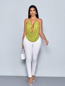 SOLERSUN Elegant And Sexy Solid Color Jacquard Halter Neck Top/Tank Top For Women, Perfect For A Valentine's Day Date. - Green - View 5