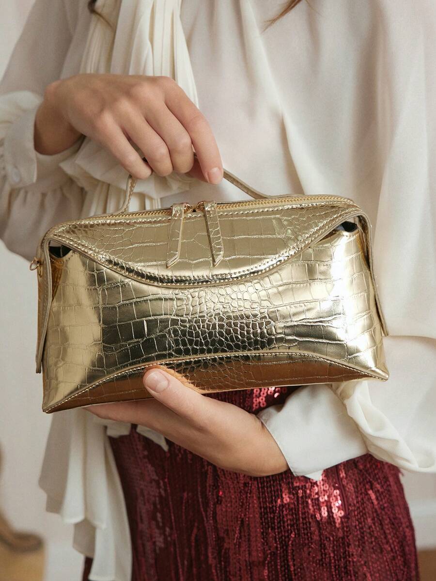 SHECARRY Ladies Gold Crocodile Embossed PU Bag - Gold - View 1