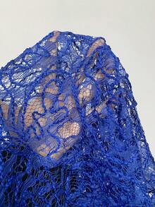 Maweii 大码女士优雅拼接收腰长裙 - 藍色 - 查看 7