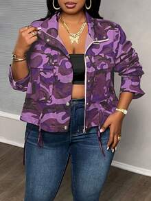 Slaydiva Plus Size Camouflage Print Drawstring Hem Jacket For Dailywear Winter Fall Autumn - Purple - View 5