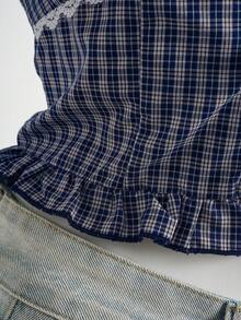 Elamini Women's Lace Trim Tie Front Blouse, Elegant Vacation Plaid Print Shirt, Suitable For Spring, Summer, Autumn - Multicolor - View 6