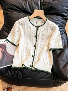 Franclia 休闲宽松圆领短袖针织心形镂空撞色滚边米色女式毛衣上衣，春夏款 - 米色 - 查看 4