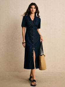 Poéselle 女士休闲日常通勤单排扣短袖收腰牛仔连衣裙，夏季 - 深色水洗藍 - 查看 4