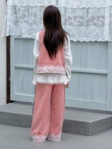 DAZY Tween Girl Round Neck Single-Breasted Lace Sleeveless Top And Wide-Leg Jeans Casual Daily Outfit - Dusty Pink - View 5