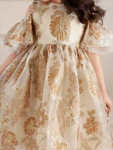 Glamorique Kids Girls Gold Party Dress,White,Summer,Elegant,Sequin,Wedding,Round Neck Flounce Sleeves Jacquard Floral Pattern Organza Midi Princess Luxury Performance - Gold - View 6