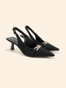 CUCCOO BASICS Zapatos de mujer con cadena metálica, hebilla, cómodos, de punta puntiaguda y tacón bajo sin talón, adecuados para ir al trabajo, vacaciones y diversas ocasiones - Negro - Ver 3