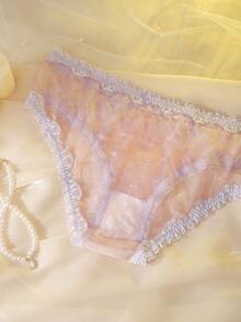 DelicateAllure Bragas de talla grande transparentes y lindas con patrón de corazón, patchwork de encaje y malla en bloques de color rosa para el Día de San Valentín - Rosa - Ver 4