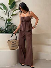 SHEIN Tall 100%纯棉棕色亚麻吊带背心和裤子套装 - 棕色 - 查看 1