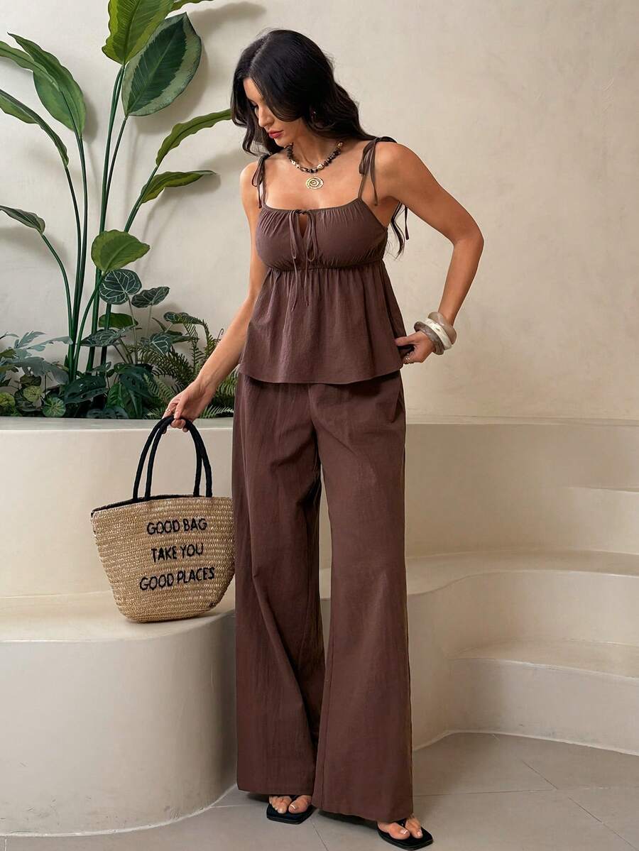 SHEIN Tall 100%纯棉棕色亚麻吊带背心和裤子套装 - 棕色 - 查看 1