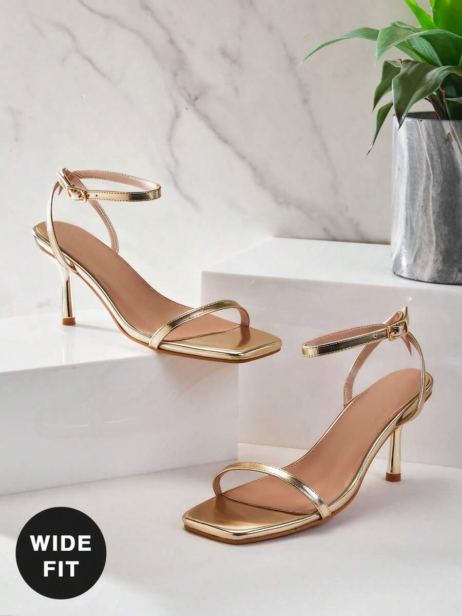 SHUZIA Women's Wide-Fit Fashionable Ankle Strap Buckle Square Toe Heeled Sandals - Gold - View 1