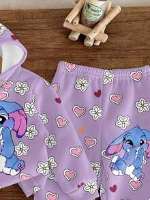 SHEIN 2 件套可爱卡通蓝兔露露、针迹图案和复古紫心花卉图案宽松休闲连帽衫套装，适合户外野餐、休闲装、街头风格、家居、学校、年轻女孩、秋冬 - 彩色 - 查看 5