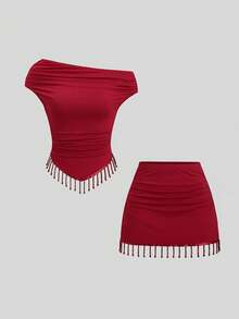Sweetra Bộ áo thun ôm sát màu đỏ tía và chân váy ngắn xếp ly viền ren đính đá và tua rua dành cho nữ, thích hợp cho mùa xuân/hè, ngày Valentine. - Màu Đỏ Sâu - Xem 1