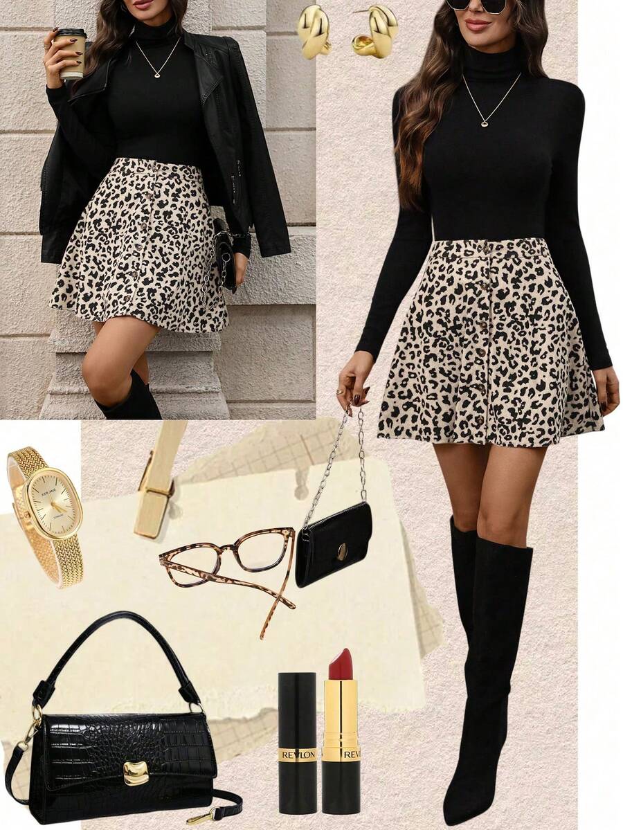 EMERY ROSE Chân váy chữ A cài cúc phía trước bằng vải nhung kẻ in họa tiết da báo dành cho nữ - Màu be - Xem 1