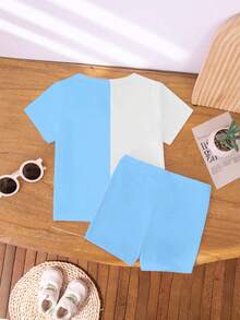 2件套少女休闲创意个性清新可爱卡通珍珠奶茶爱心撞色标语印花T恤和骑行短裤套装，舒适休闲的夏秋款式，适合春季、夏季和秋季穿着。 - 彩色 - 查看 2