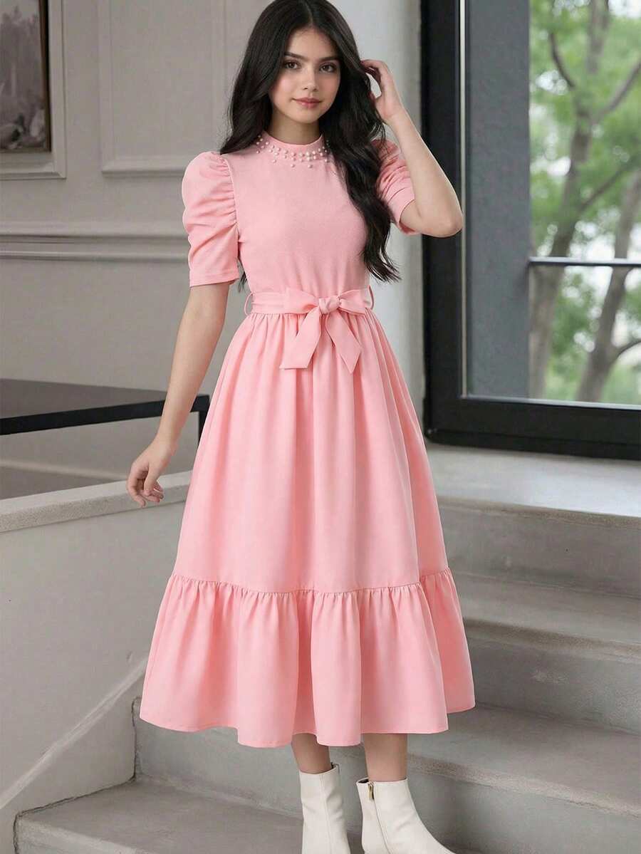 SHEIN 女童休闲印花收腰长连衣裙,适合日常穿着和通勤。 - 粉色 - 查看 1