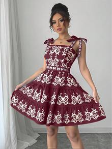 Rafferiza 复古极简刺绣系带吊带短裙 - 玫紅色 - 查看 5