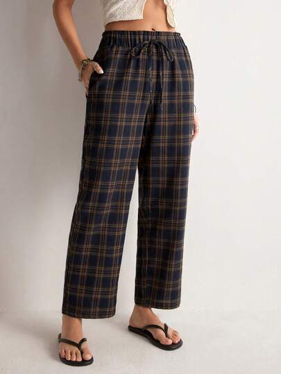 Freevana 复古藏蓝色和棕色格子七分裤，高腰抽绳宽松锥形裤腿休闲修身格纹长裤，适合工作和日常穿着。