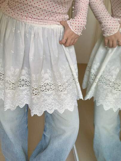 Dazy Plus Elastic Waist Lace Overlay White Versatile A-Line Skirt