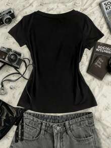 Glimmora Camiseta casual de mujer de cuello redondo y manga corta con estampado de notas musicales e instrumentos - Negro - Ver 2