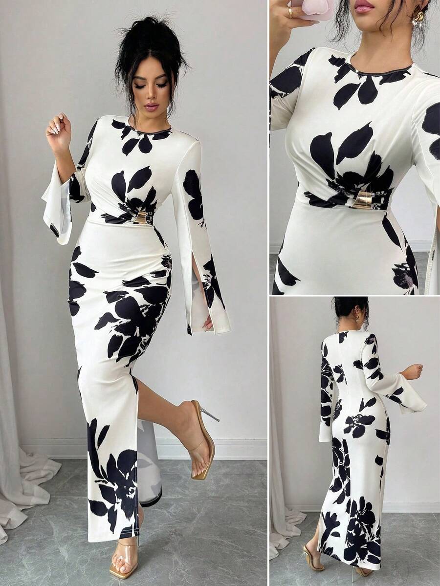 Elenzga 新款春夏秋季优雅休闲时尚收腰设计树叶印花撞色长裙，饰以3D玫瑰金装饰 - 彩色 - 查看 1