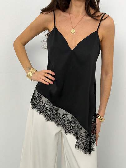 Aloruh Women's Fashion Lace Patchwork Asymmetrical Hem Camisole Top